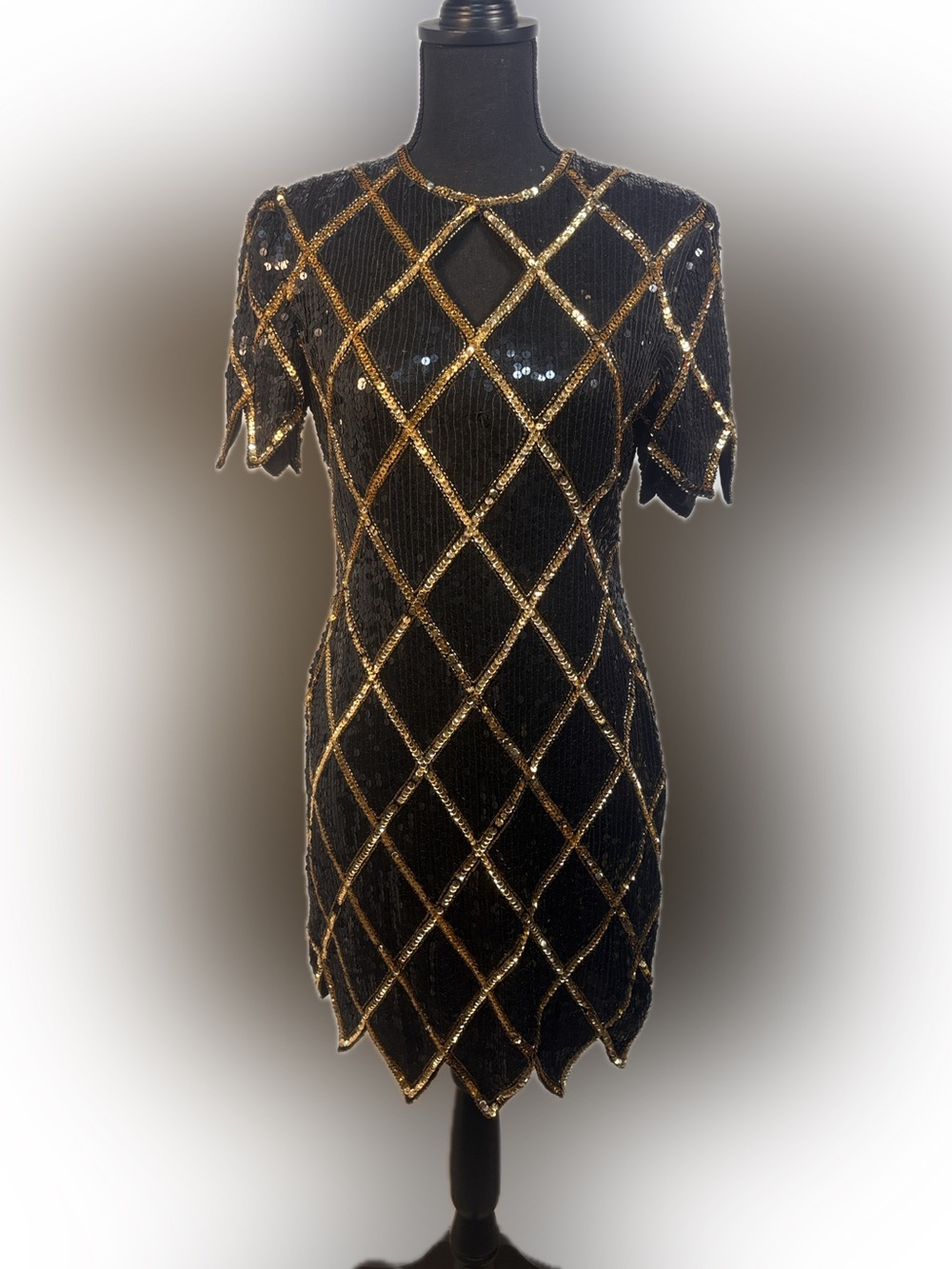 Vintage 80s Scala Sequin Diamond Grid Cocktail Dress Black Short Sleeve Sz MP